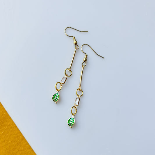 LITTLE TINY LEAF & GEM RECTANGLE DROP CHARM EARRINGS