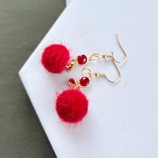 RED MINI POM POM & GEMS CHARM EARRINGS