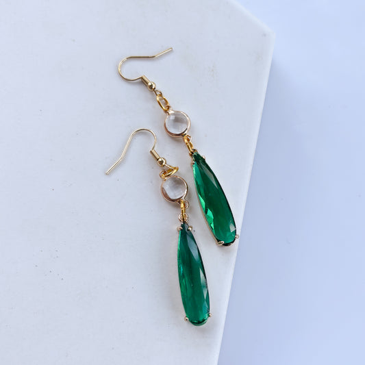 GREEN LONG TEARDROP GEM CHARM EARRINGS