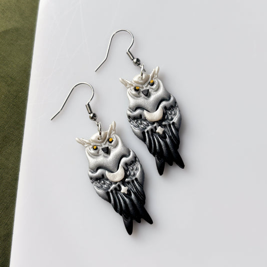 SILVERY OWL EARRINGS