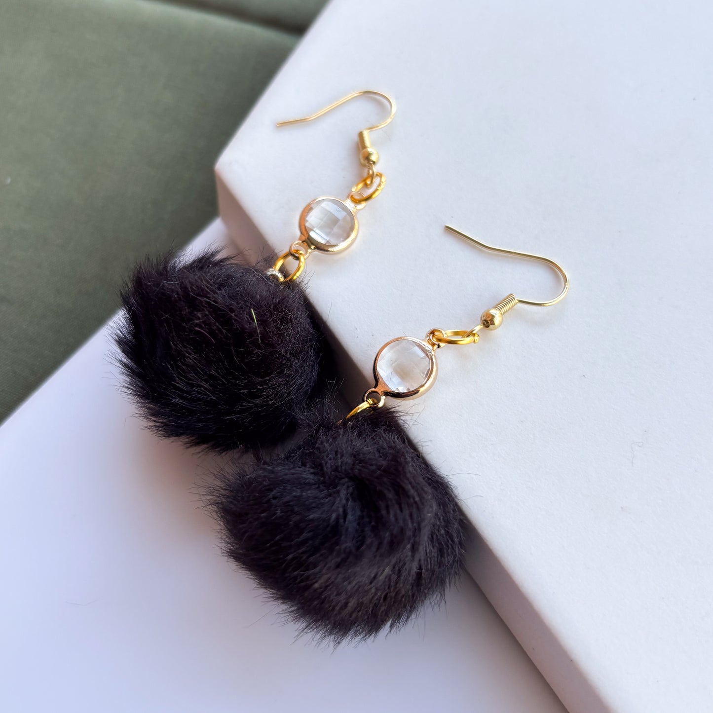 BLACK POM POM & GEM CHARM EARRINGS