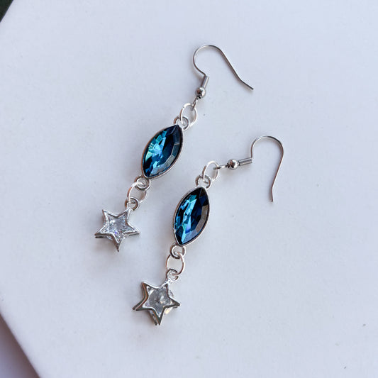 TEAL DIAMOND & SILVER STAR GEM CHARM EARRINGS