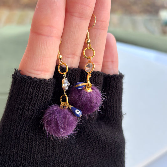 PURPLE & EVIL EYE MINI POM POM & GEM CHARM EARRINGS