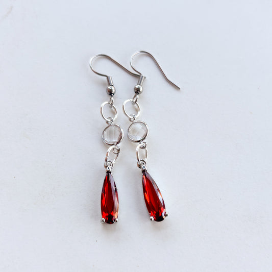 RED DROP & GEM SILVER CHARM EARRINGS