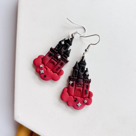 GOTHIC DARK RED CASTLE IN THE CLOUD EARRINGS