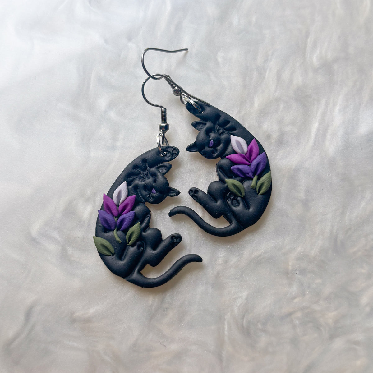 LAVENDER HANGING CAT EARRINGS