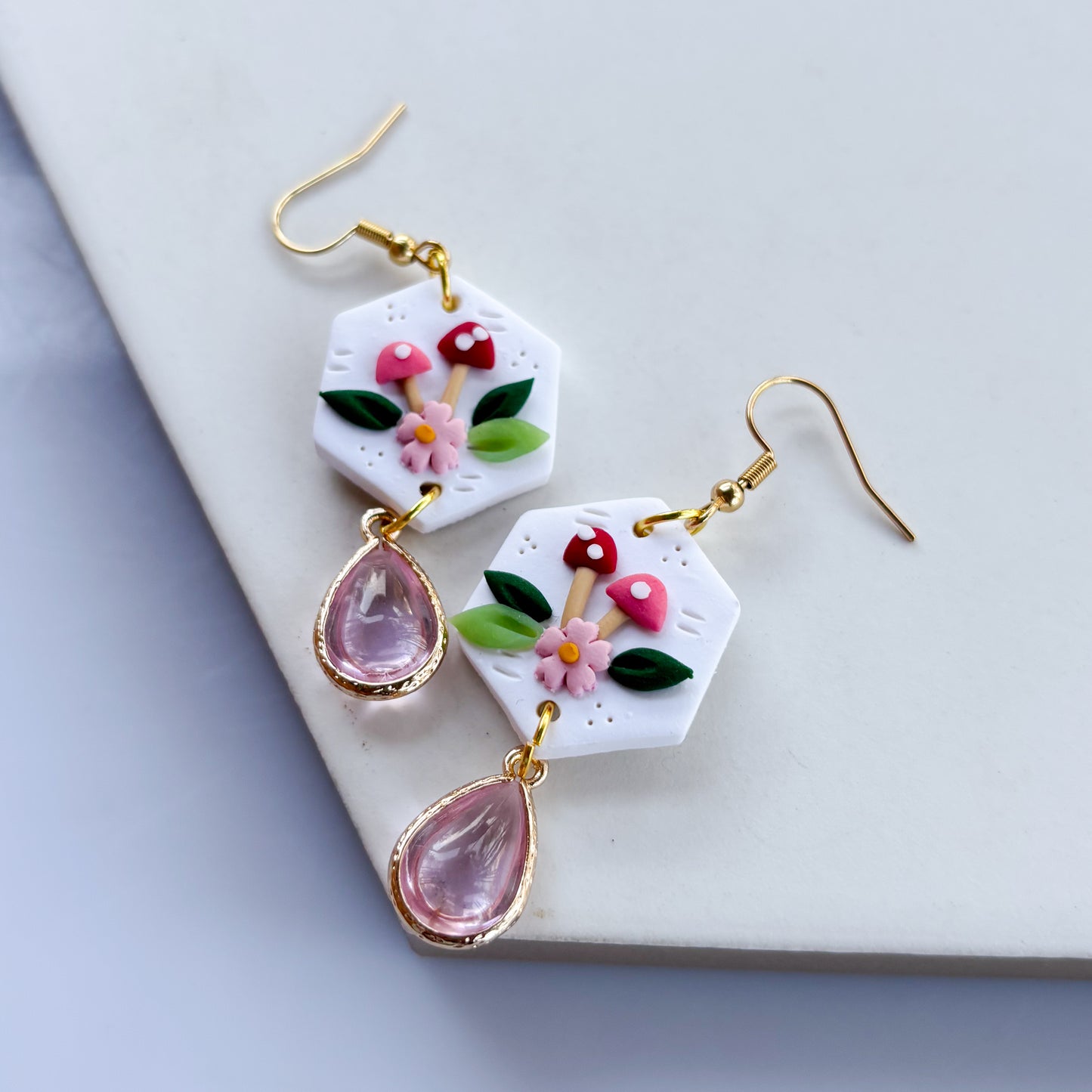 PINK MUSHROOM HEXAGON EARRINGS