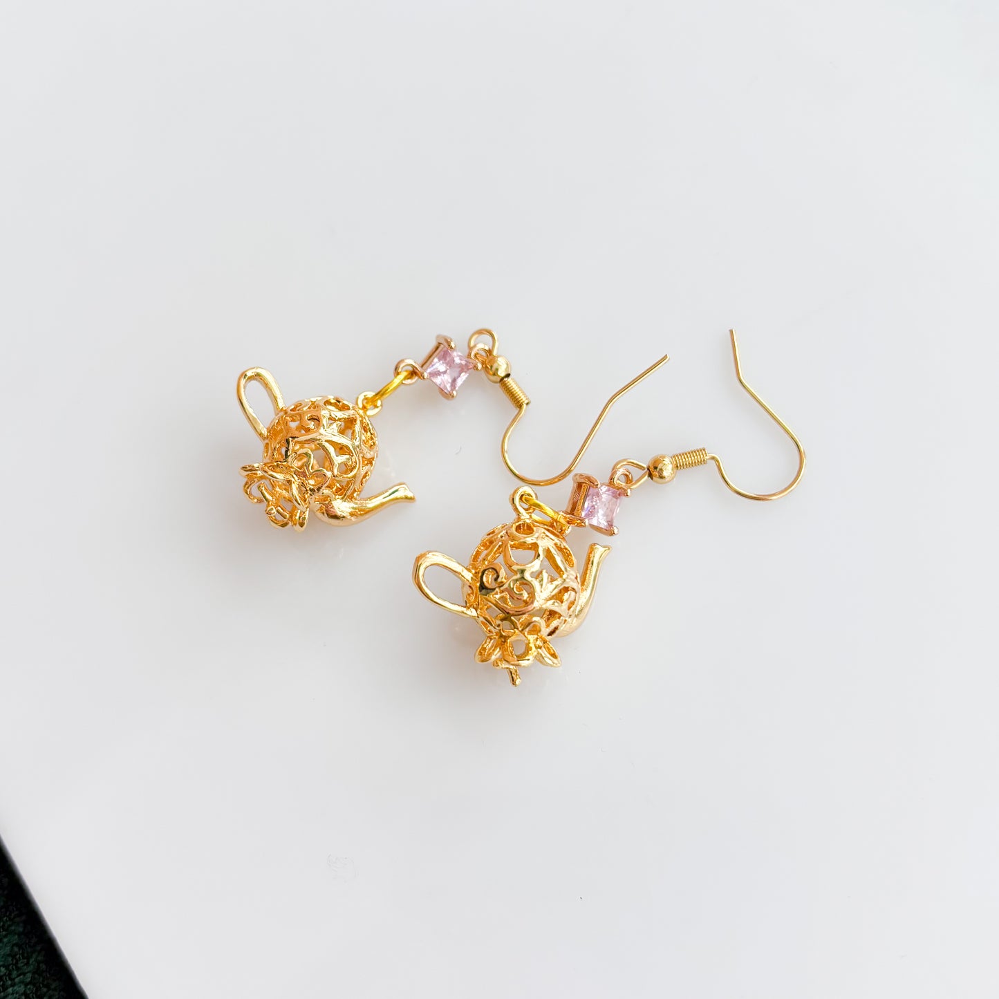 GOLD TEAPOT & PINK GEM CHARM EARRINGS