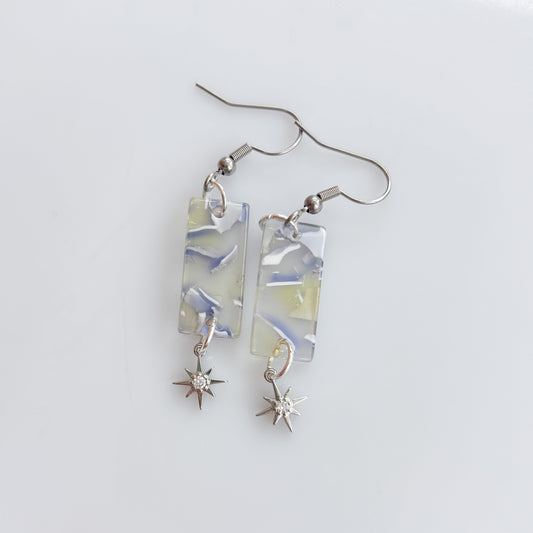 MARBLED ACRYLIC SILVER STAR CHARM EARRINGS