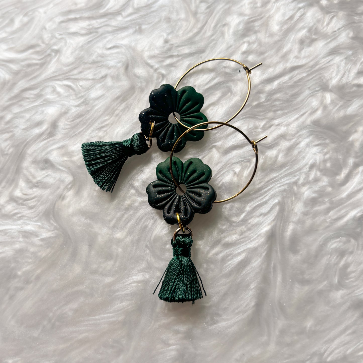 GREEN TWILIGHT FLOWER HOOP EARRINGS