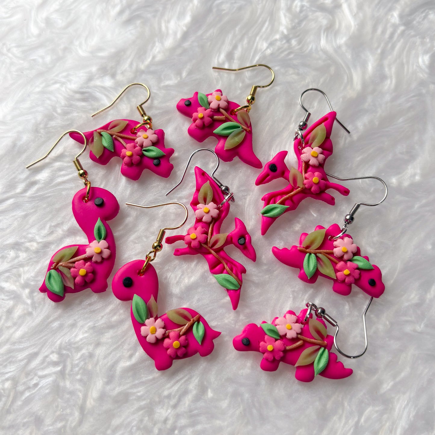 BRIGHT CHERRY BLOSSOM DINO EARRINGS (TRICERATOPS)