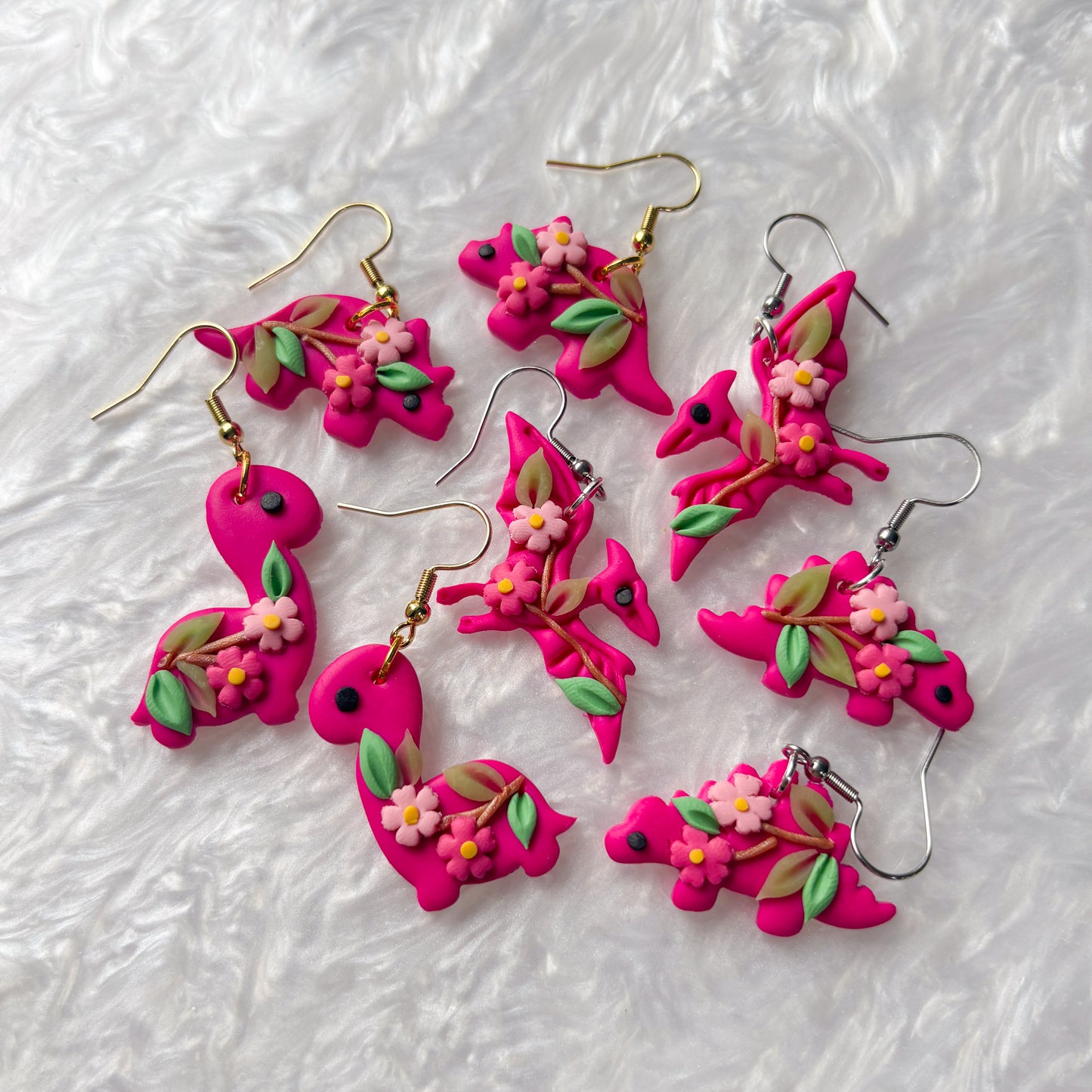 BRIGHT CHERRY BLOSSOM DINO EARRINGS (STEGOSAURUS)