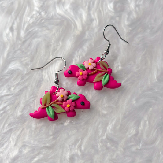 BRIGHT CHERRY BLOSSOM DINO EARRINGS (STEGOSAURUS)