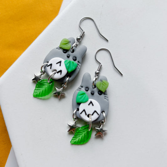 TOTORO & LEAF TRIPLE CHARM EARRINGS