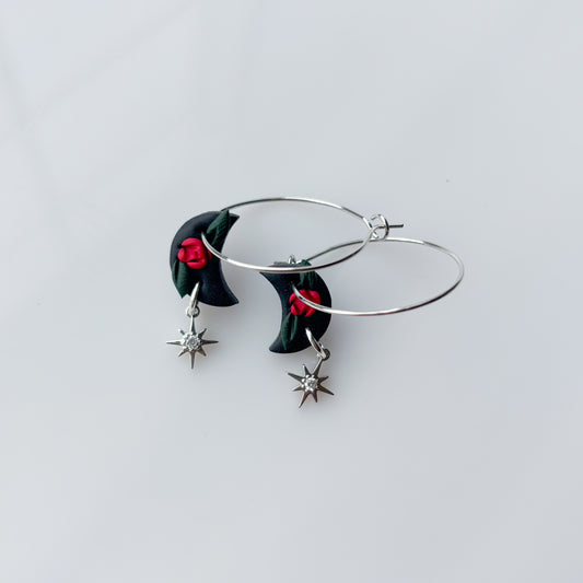 DARK GOTHIC ROSE MINI MOON HOOP EARRINGS