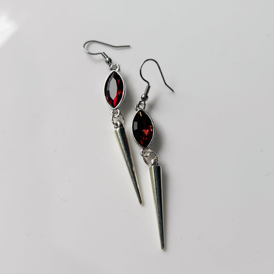 DEEP RED OVAL SILVER SPIKE CHARM EARRINGS