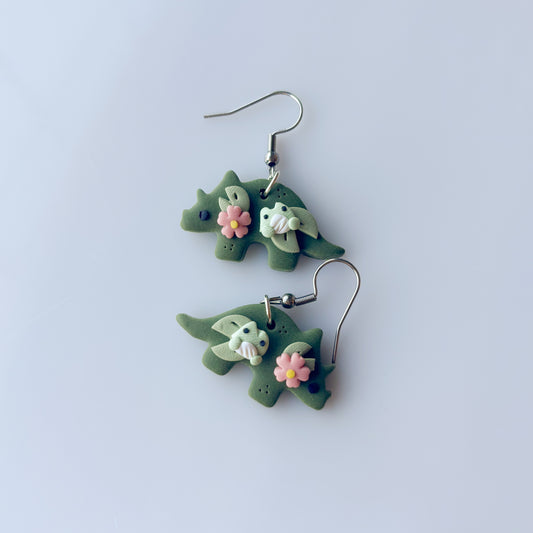 FROG LILYPAD DINO EARRINGS (TRICERATOPS)