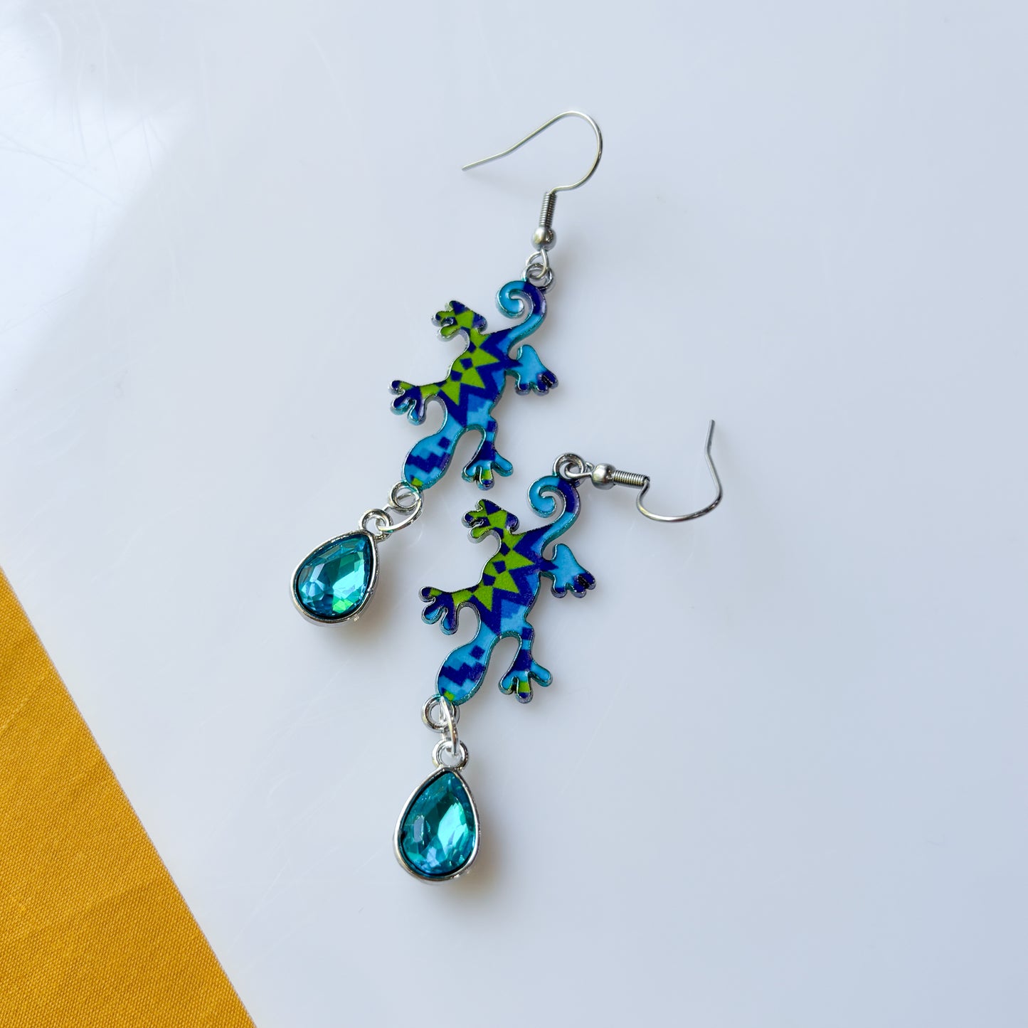 SILVER & BLUE LIZARD CHARM EARRINGS