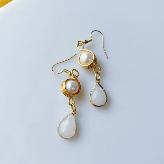 PEARL & WHITE GEM TEARDROP CHARM EARRINGS
