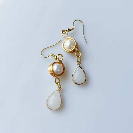 PEARL & WHITE GEM TEARDROP CHARM EARRINGS