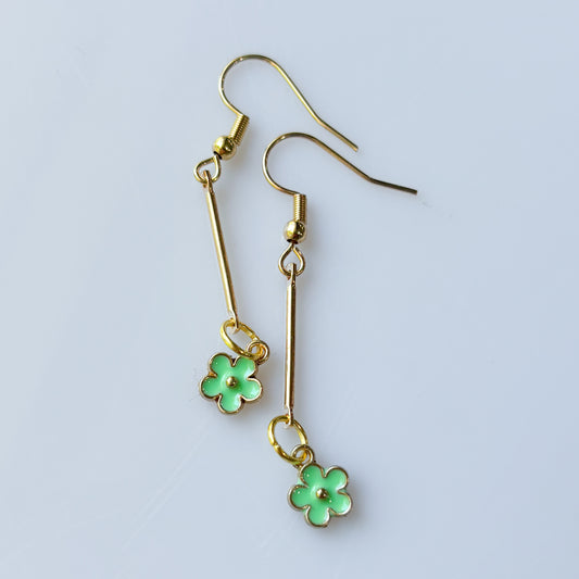 GOLD DROP & LITTLE GREEN FLOWER CHARM EARRINGS