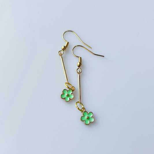 GOLD DROP & LITTLE GREEN FLOWER CHARM EARRINGS
