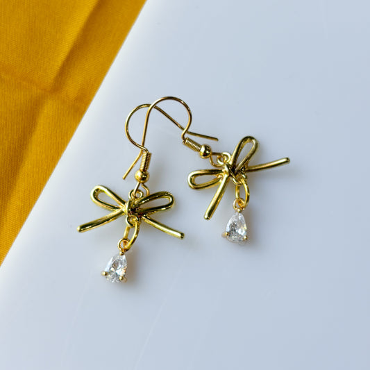 GOLD BOW & CRYSTAL TEARDROP CHARM EARRINGS