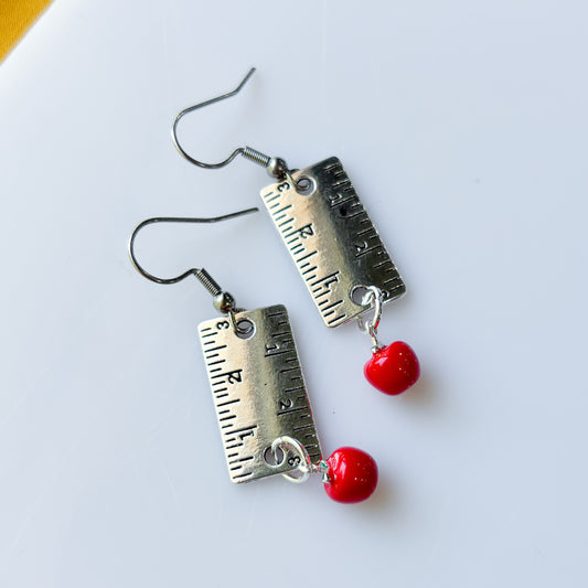 SILVER RULER & APPLE CHARM EARRINGS