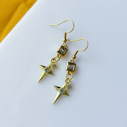 SQUARE CRYSTAL & DOUBLED STAR GOLD CHARM EARRINGS