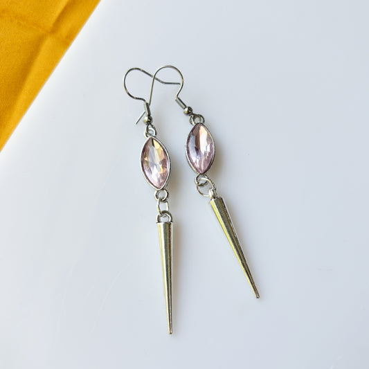 SILVER SPIKE & LIGHT PINK OVAL CHARM EARRINGS