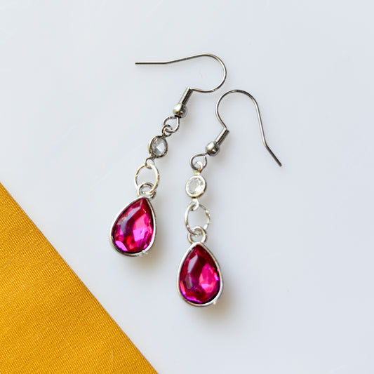 SILVER & MAGENTA TEARDROP CHARM EARRINGS