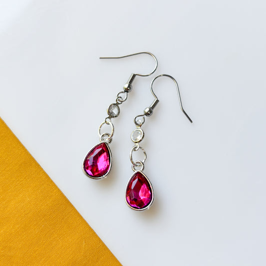 SILVER & MAGENTA TEARDROP CHARM EARRINGS