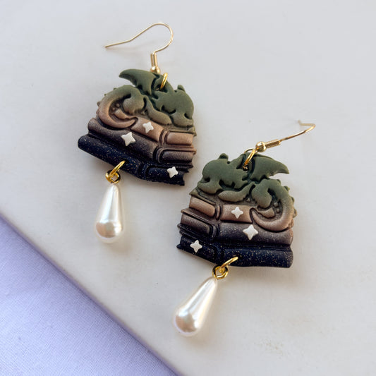 DRAGON ON BOOKS EARRINGS (FOREST COPPER MELT)