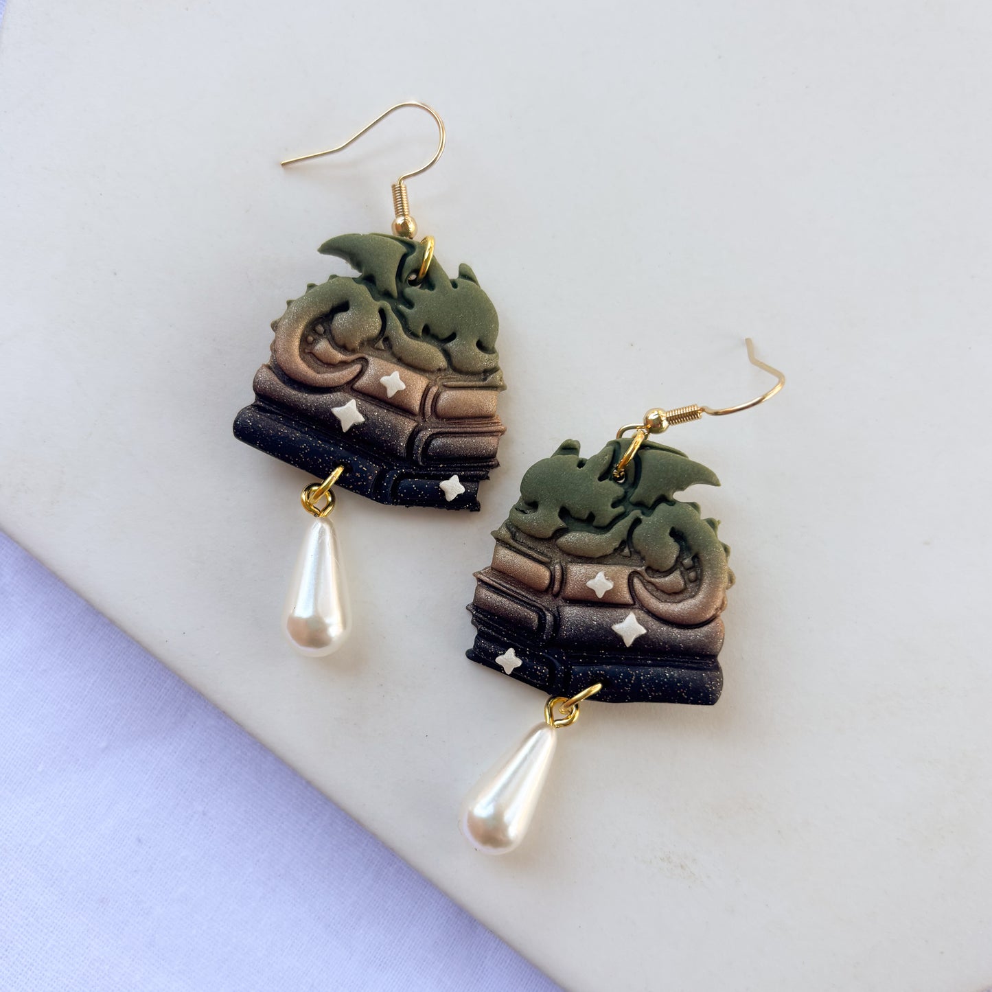 DRAGON ON BOOKS EARRINGS (FOREST COPPER MELT)