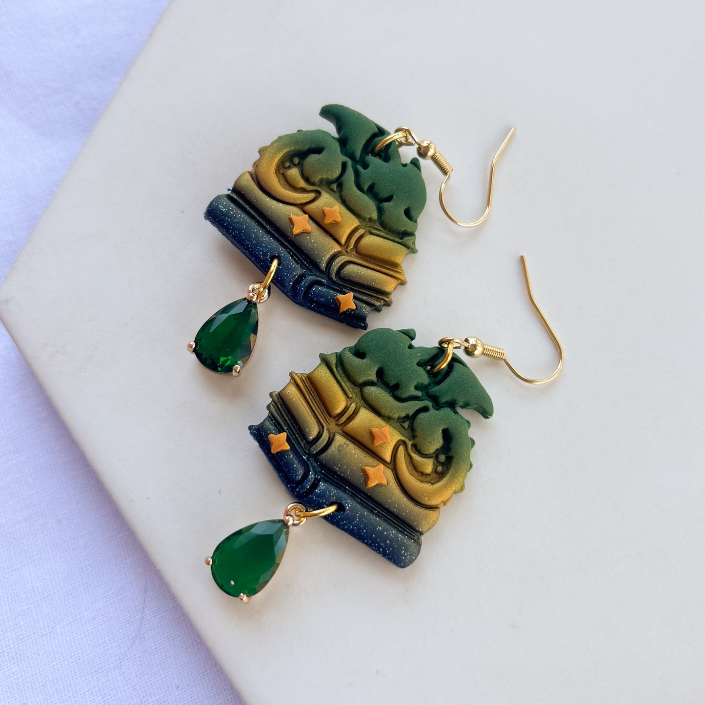 DRAGON ON BOOKS EARRINGS (GREEN GOLD BLUE GLITTER)