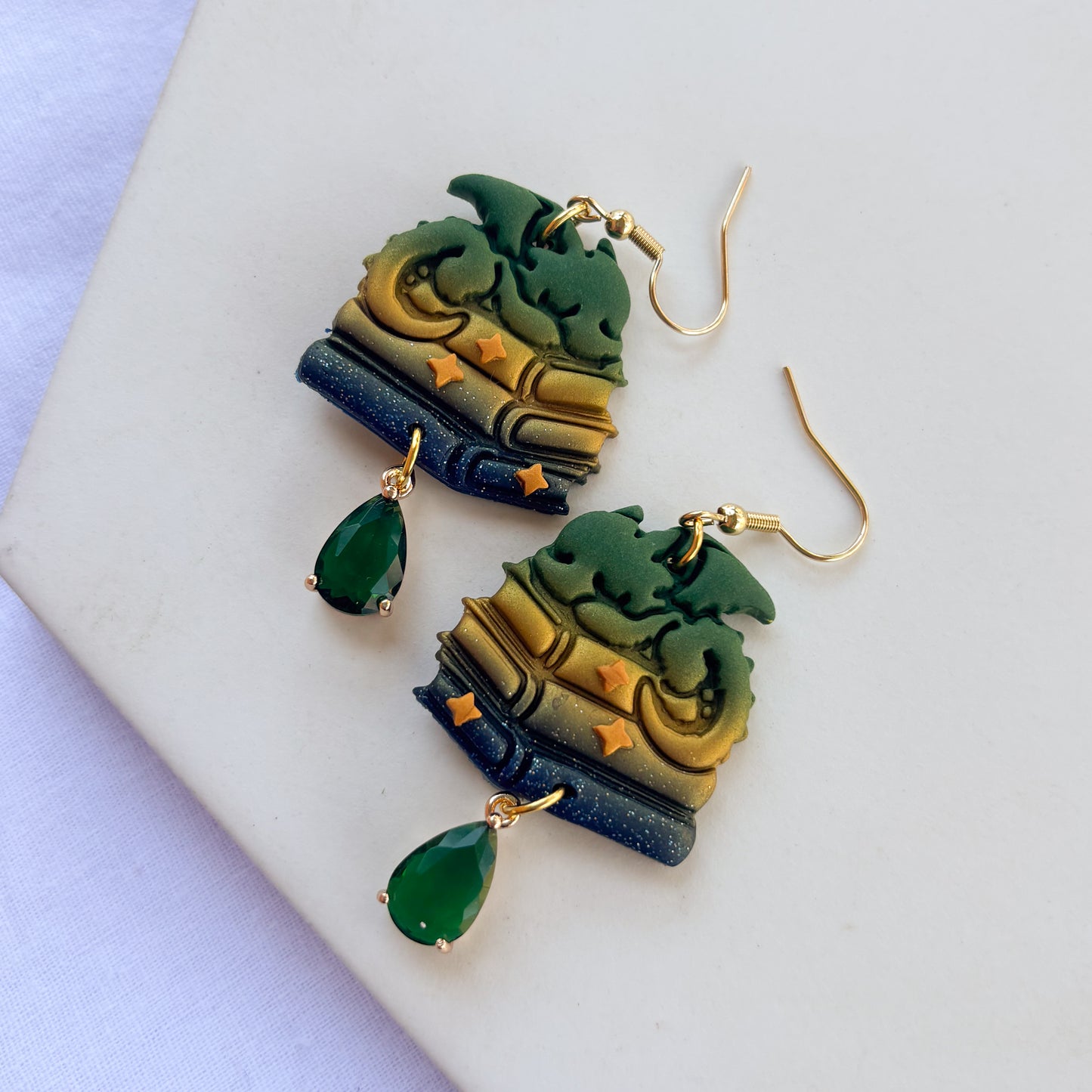 DRAGON ON BOOKS EARRINGS (GREEN GOLD BLUE GLITTER)