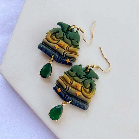 DRAGON ON BOOKS EARRINGS (GREEN GOLD BLUE GLITTER)