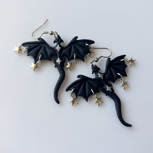 BLACK & SILVER STAR DRAGON EARRINGS (LARGE)