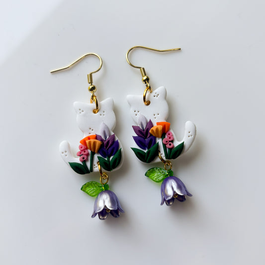 WHITE FLORAL CAT EARRINGS