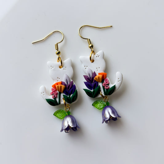 WHITE FLORAL CAT EARRINGS