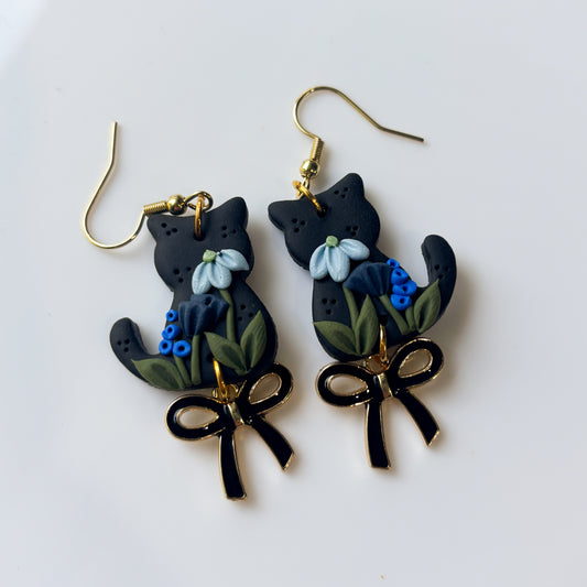 BLACK FLORAL CAT EARRINGS