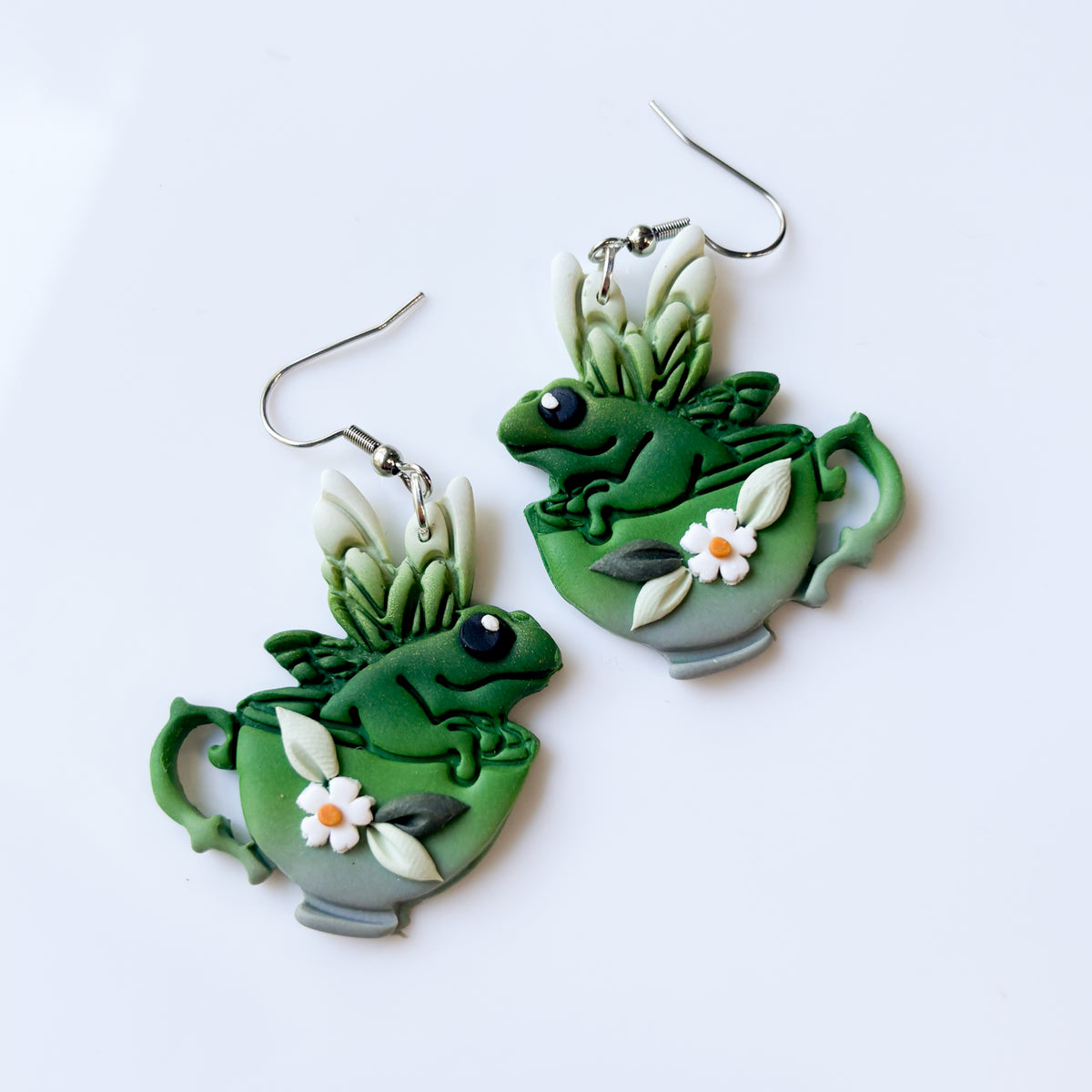 FROGS IN TEACUPS GREEN EARRINGS