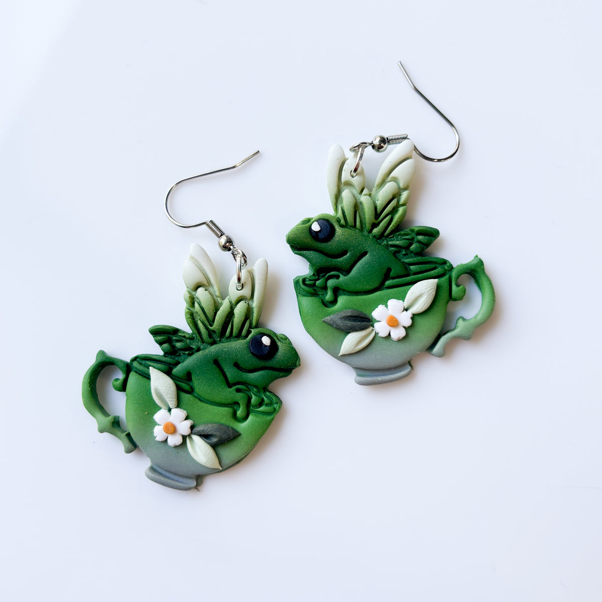 FROGS IN TEACUPS GREEN EARRINGS