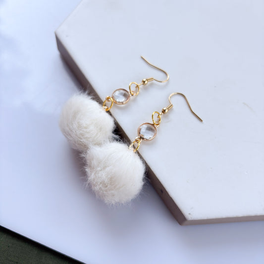 WHITE POM POM & GEM CHARM EARRINGS