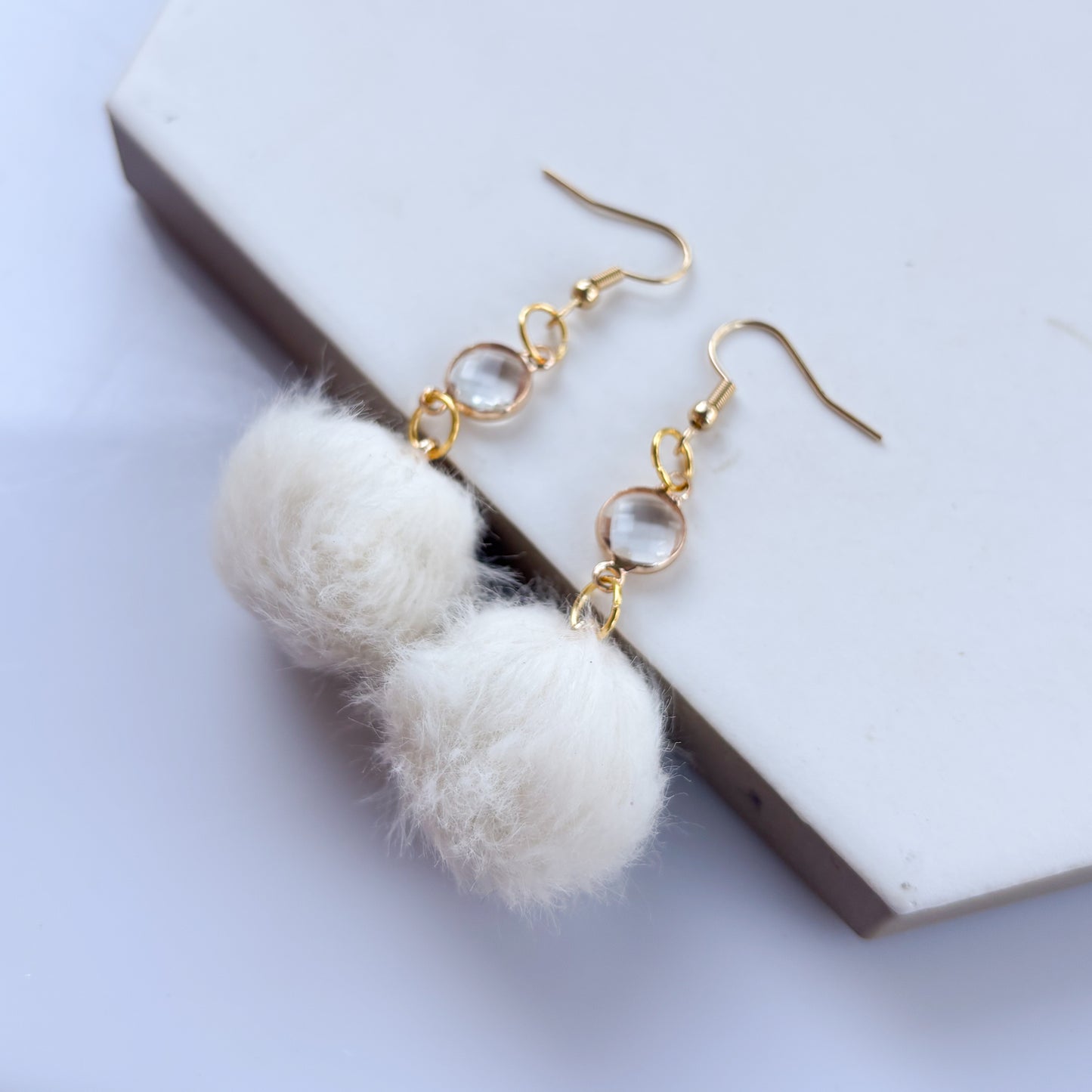 WHITE POM POM & GEM CHARM EARRINGS
