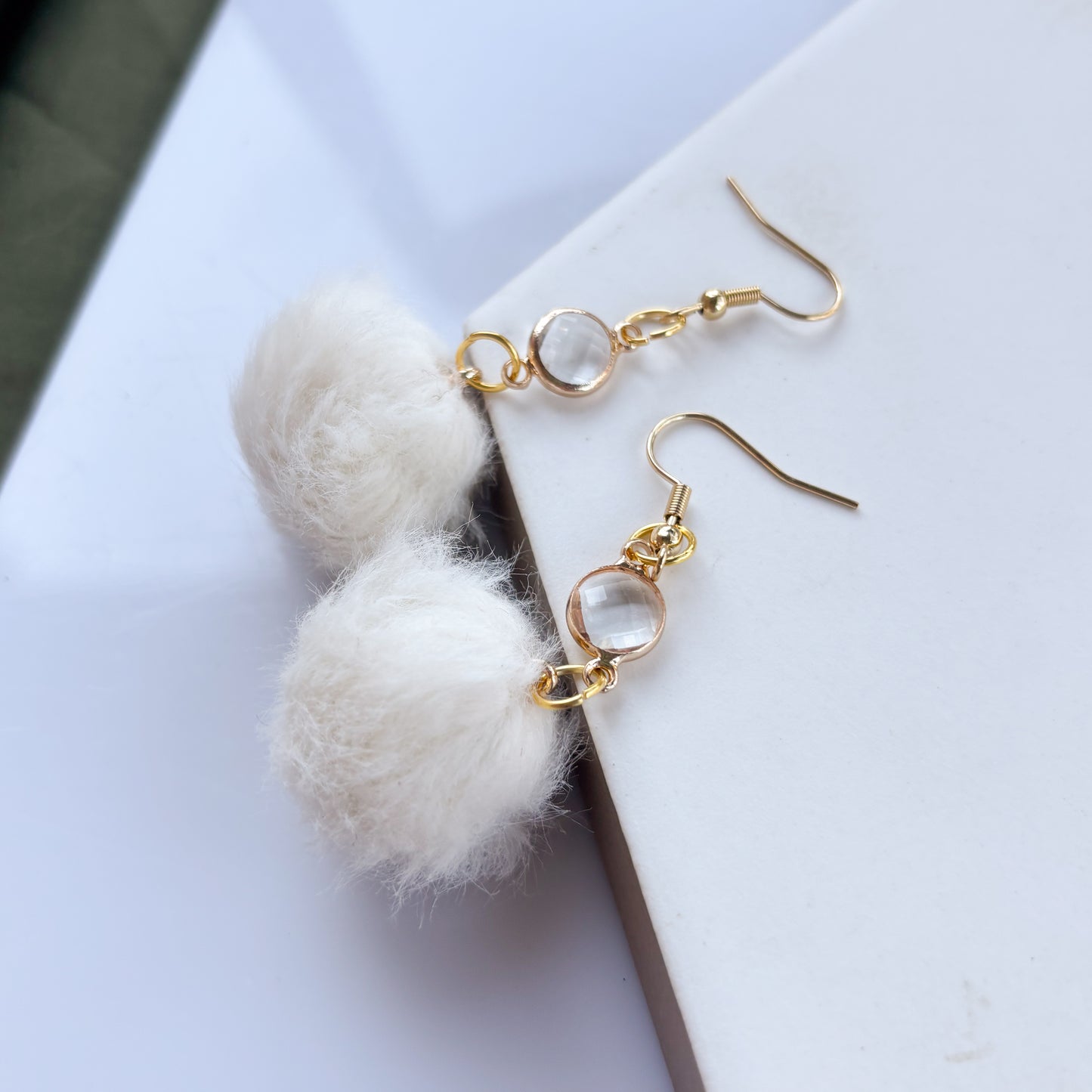 WHITE POM POM & GEM CHARM EARRINGS
