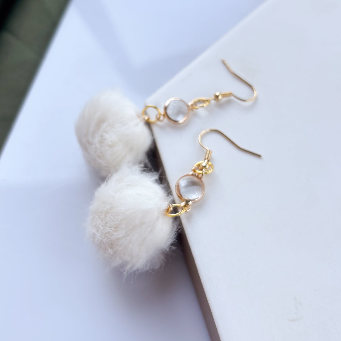 WHITE POM POM & GEM CHARM EARRINGS