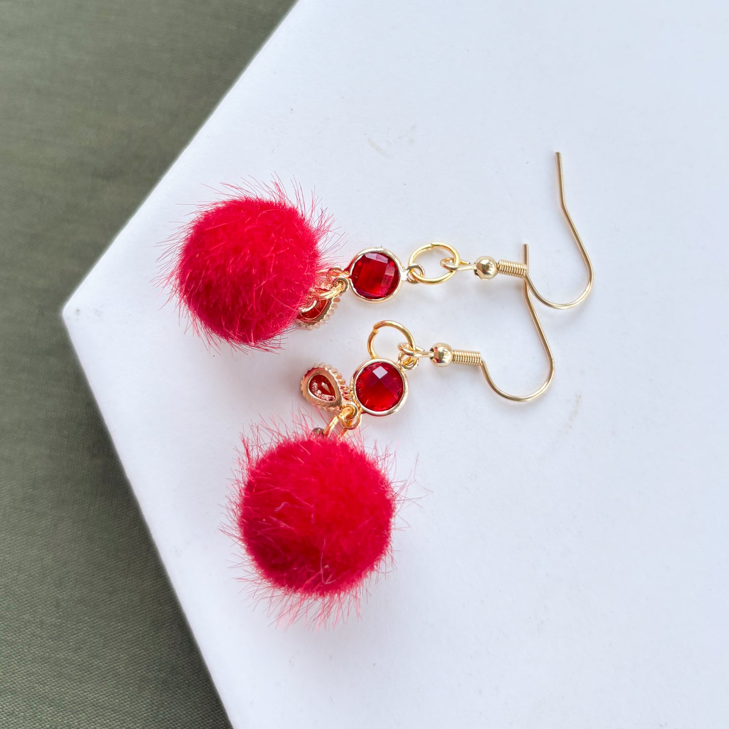 RED MINI POM POM & GEMS CHARM EARRINGS