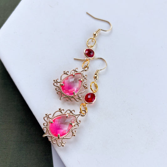 PINK & RED ORNATE GEM CHARM EARRINGS