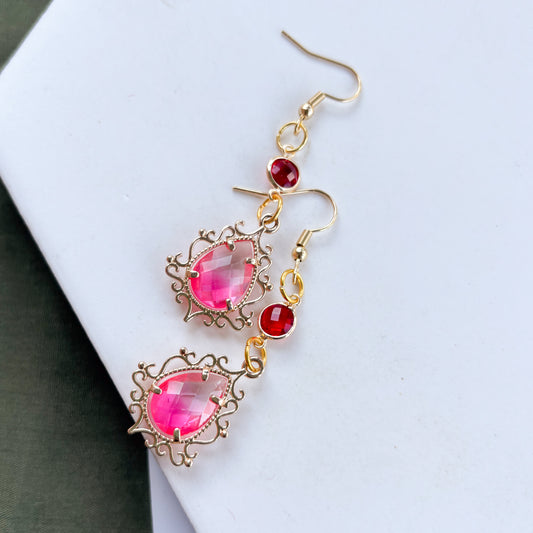 PINK & RED ORNATE GEM CHARM EARRINGS